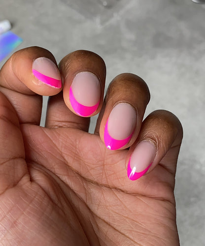 Hand showing hot pink French tip nails perfect decode beauty pop of colour summer press on nails 